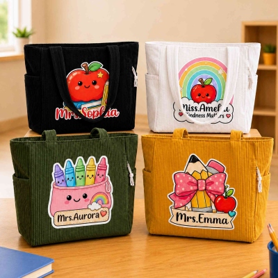 Custom Name Teacher Theme Corduroy Tote Bag, Large Capacity Zippered Commuter Handbag with Pockets, Back to School/Appreciation Gift for Teachers
