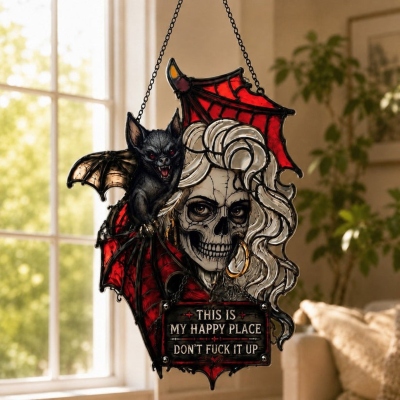 Lady Character Bat Design Stained Glass Suncatcher with "My Happy Place" Quote, Window Hanging Ornament, Holiday Present for Home Decor Lovers