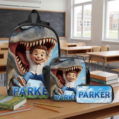 Personalized Name & Photo 3D Cartoon Dinosaur Backpack with Pencil Case & Lunch Bag, Children's School Bag Set, Back to School/Birthday Gift for Kids