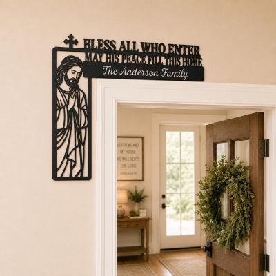 Personalized Bless This‑Home Door Frame Sign with Family Name, Christian Metal Wall Art, Decorative Corner Door Hanging, Gift for Friends