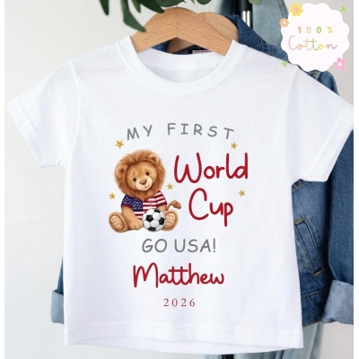 Personalized My First World Cup Lion Bodysuit/Sleepsuit/T-Shirt, Custom Soft Cotton Infant Outfit with Slogan/Name/Year, Baby Shower/Game Day for Baby
