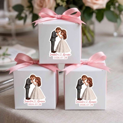 Personalized Cartoon Photo Waterproof Stickers with Name and Date, Romantic Favor Label, Party Decor, Wedding/Anniversary for Bride/Groom/Couples