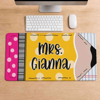 Custom Name Polka Dot Pencil Non-Slip Mouse Pad/Desk Mat, Office Accessory, Appreciation/Teachers' Day/Back to School Gift for Teachers/Educators