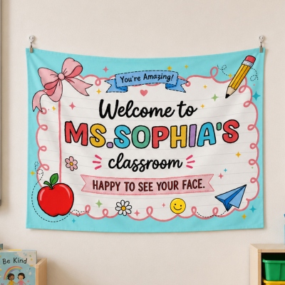 Personalized Teacher's Name Welcome to Classroom Banner, Composition Book Bow Apple Pencil Tapestry/Poster, Back to School Gift for Teachers/Educators