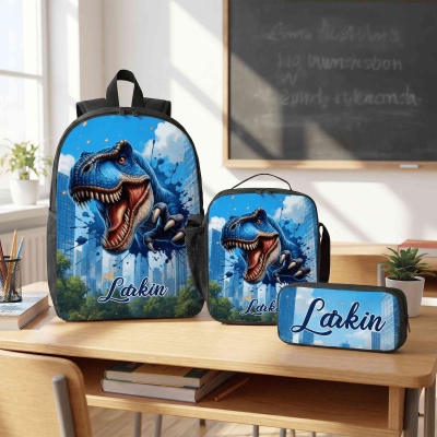 Personalized Name Splashing Dinosaur Backpack with Pencil Case & Lunch Bag, Children's School Bag Set, Back to School/Birthday Gift for Kids