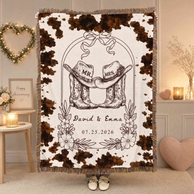 Custom Names & Date Cowboy Boots Floral Bow Frame Mr & Mrs Blanket with Tassels, Soft Flannel Throw, Anniversary/Wedding Gift for Couple/Newlyweds