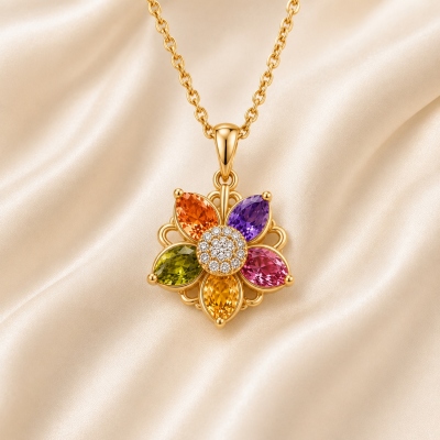 Personalized Rotating Flower Birthstone Necklace with 3-8 Petals, Mother's Day/Birthday Gift for Mom/Grandma/Daughter
