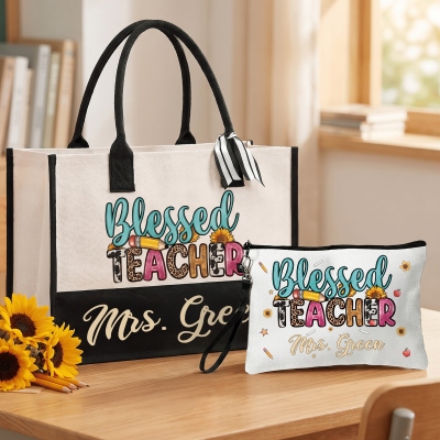 Personalized Cute Blessed Teacher Matching Bag Set with Name, Canvas Tote Bag & Linen Makeup Pouch with Wristlet, Appreciation Gift for Teachers/Her