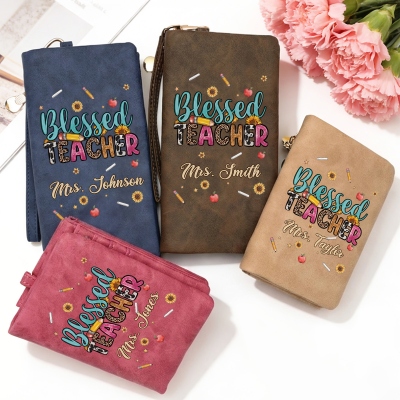 Custom Blessed Teacher Leather Wristlet Wallet with Name, Vintage Multi Card Slot Zipper Coin Pocket Clutch Purse, Appreciation Gift for Teachers