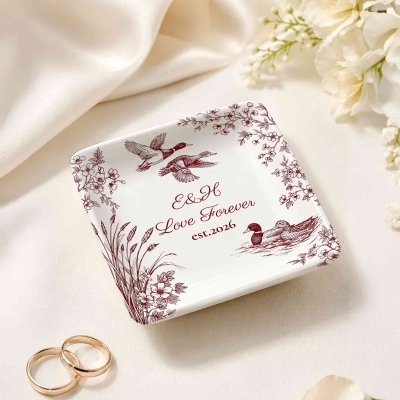 Custom Name & Year Floral Sparrow/Mandarin Duck Couple Jewelry Dish, Square Ceramic Trinket Tray, Anniversary/Wedding Gift for Her/Couple/Bridesmaids