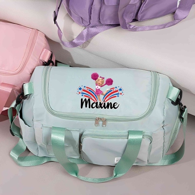 Custom Cartoon Cheerleading Girl Travel Bag with Name and Shoulder Strap, Waterproof Large Capacity Duffle Bag, Daily Use, Birthday Gift for Girls