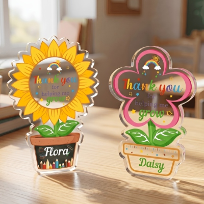 Personalized Name Teacher's Acrylic Flower Plaque, Thank You for Helping Me Grow Potted Flower Ornament, Appreciation/Back to School Gift for Teachers