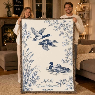 Personalized Name & Year Floral Sparrow/Mandarin Duck Couple Blanket with Tassels, Soft Flannel Throw, Anniversary/Wedding Gift for Couple/Newlyweds