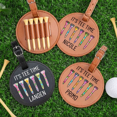 Personalized Name It's Tee Time Golf Tee Holder with 5 Tees, PU Leather Golf Bag Tag, Golf Accessories, Gift for Golf Lovers/Players/Coaches