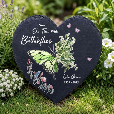 Personalized Birth Flower Butterfly Round/Heart-shaped Memorial Stone with Name & Years, Garden Remembrance Decor, Sympathy Gift for Family/Friends