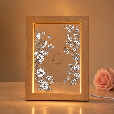 Custom Name & Year Floral Sparrows/Mandarin Ducks LED Night Light with Wooden Frame, Acrylic Night Lamp, Anniversary/Wedding Gift for Couple/Newlyweds
