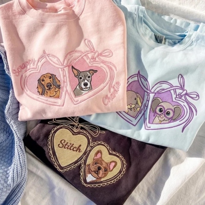 Custom Pet Portrait Embroidered Sweatshirt With Locket Frame, Personalized Pet Photo Heart Coquette Bow Crewneck