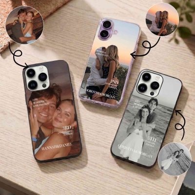Personalized Names & Anniversary Couple Photo Phone Case, Double Layer TPU Phone Case for iPhone, Anniversary/Valentine's Day Gift for Her/Him/Couples