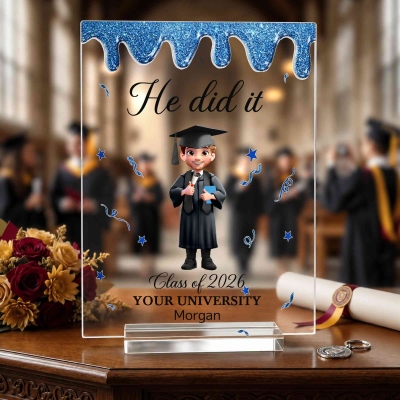 Personalized He/She Did It Cartoon Character Acrylic Plaque with Base and Name, Desk Decor, Graduation/Anniversary Gift for Graduates/Students