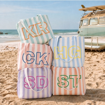 Personalized Striped Tote Bag with Monogram, Lightweight Cotton Shoulder Bag, Travel Accessories, Wedding/Beach Gift for Brides/Best Friends