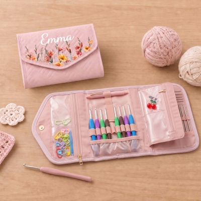 Personalized Name Birth Flower Foldable Crochet Hook Organizer, Knitting Accessories, Birthday/Mother's Day Gift for Her/Mom/Grandma/Crochet Lovers