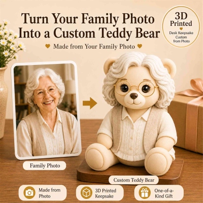 Personalized 3D Family Teddy Bear Figurine from Photo, Cute Desk‑sized Decor, Family Keepsake, Birthday/Holiday Gift for Family