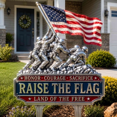 Vintage Patriotic Soldier Flag‑Raising Sculpture Yard Stake, American Independence Day Decor, Outdoor LawnYard Sign, Gift for Patriots