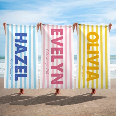 Personalized Striped Beach Towel with Name & Location, Microfiber Quick Dry Pool Towel, Summer Vacation/Beach Party Favor, Gift for Family/Friends