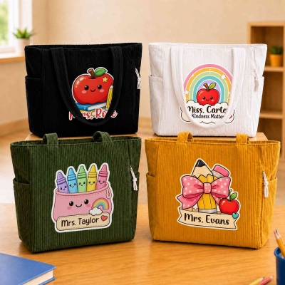 Custom Name Teacher Theme Corduroy Tote Bag, Large Capacity Zippered Commuter Handbag with Pockets, Back to School/Appreciation Gift for Teachers