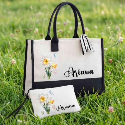 Personalized Birth Flower Bag Set with Name, Canvas Tote Bag & Linen Makeup Pouch with Wristlet, Travel Accessories, Birthday Gift for Women