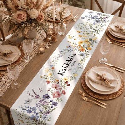 Personalized Names & Date Wildflower Wedding Table Runner, Rustic Bridal Shower Dining Table Decor, Housewarming/Wedding Gift for Couple/Newlyweds