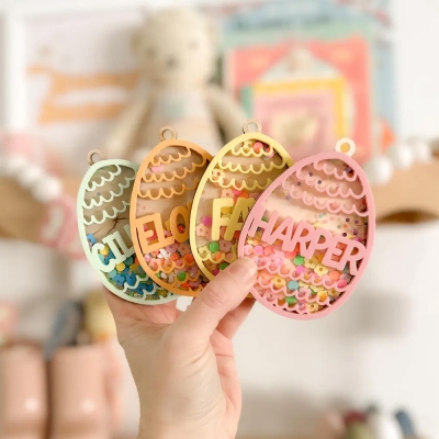 Personalized Easter Egg Shaker Name Tag, Pastel Layered Wooden Basket Ornament, Party Favor, Easter/Birthday Gift for Grandchildren/Boys/Girls