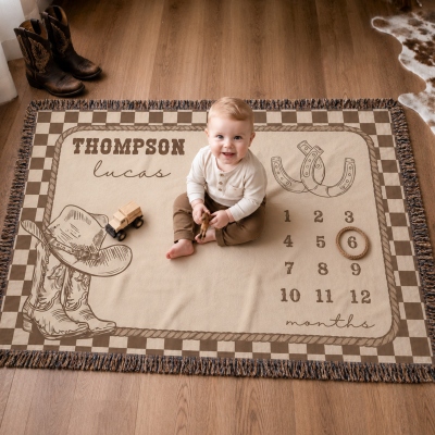 Custom Name Cowboy Hat Boots Horseshoe Baby Monthly Milestone Checkered Blanket, Flannel Swaddle Blanket, Baby Shower/Birthday Gift for Newborns