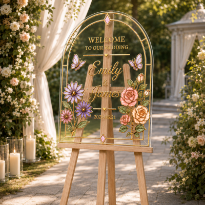 Personalized Stained Glass Wedding Welcome Sign with Golden Name, Custom Acrylic Floral Wedding Board, Garden Wedding Decor, Gifts for Newlyweds