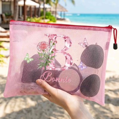 Custom Name Diamond Effect Birth Flower Alphabet PVC Mesh Wet Dry Bag, Waterproof Beach Bag, Vacation/Birthday/Wedding Gift for Her/Bridesmaids/Women