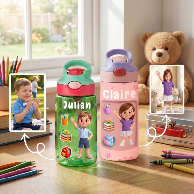 Custom Cartoon Kid Character BPA-Free Transparent Insulated Water Bottle with Straw Handle and Name, Daily Use, Back to School/Birthday Gift for Kids