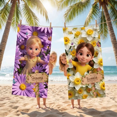 Custom Name & Photo Birth Flower 3D Cartoon Character Beach Towel, Microfiber Quick Dry Pool Towel, Summer Vacation/Beach Party Favor, Gift for Kids