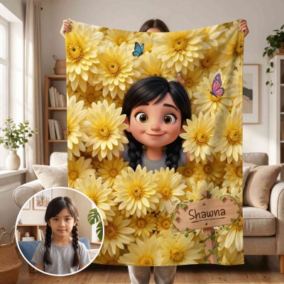 Personalized Name & Photo Birth Flower 3D Cartoon Character Blanket, Flannel/Sherpa Bed Couch Throw, Housewarming/Birthday Gift for Kids/Boys/Girls