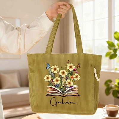 Custom Name Butterfly Birth Flower Book Corduroy Tote Bag, Large Capacity Zippered Handbag with Side Pockets, Birthday Gift for Book Lovers/Women