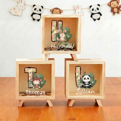 Custom Name Floral Leaf Alphabet Jungle Animal Piggy Bank, Wooden Clear Window Money Box Saving Bank, Children's Day/Birthday Gift for Kids/Boys/Girls