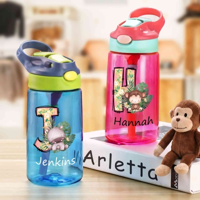 Custom Name Floral Leaf Alphabet Jungle Animal Water Bottle, 16oz Children's Cup with Silicone Straw & Handle, Birthday/Back to School Gift for Kids