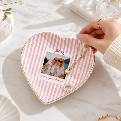 Personalized Bestie Photo Striped Bow Jewelry Dish, Ceramic Pastel Ring Trinket Tray, Vanity Storage Plate, Memory Keepsake, Gift for Women/Girls/BFF