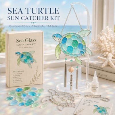 Personalized Coastal Glow Sea Glass Suncatcher Wind Chime Kit Collection with Text, Home Decor, Birthday Gift for Ocean Lovers