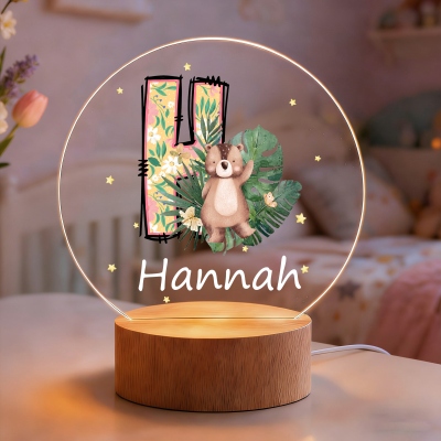 Personalized Floral Leaf Alphabet Jungle Animal LED Night Light with Name, Acrylic Night Lamp with Wooden Base, Birthday/Children’s Day Gift for Kids
