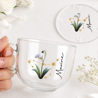 Personalized Name Zodiac Birth Flower Espresso Cup and Coaster, Clear Glass Coffee Mug with Handle, Birthday/Mother’s Day Gift for Her/Mom/Grandma