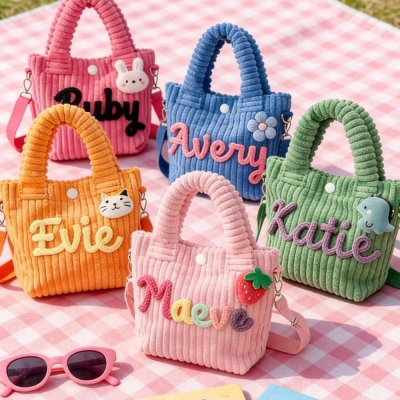 Custom Handmade Corduroy Crossbody Bag, Toddler Purse with Charm & Embroidered Name, Yarn Preschool/Daycare Bag, Back to School/Birthday Gift for Kids