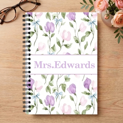 Personalized Retro Millennium Floral Teacher Name A5 Notebook, Watercolor Pastel Spiral Journal, Appreciation/Back to School Gift for Teachers/Women