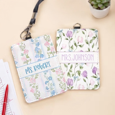Custom Teacher Name Retro Millennium Floral ID Badge Holder with Lanyard, PU Leather Watercolor Card Holder, Appreciation Gift for Teachers/Women