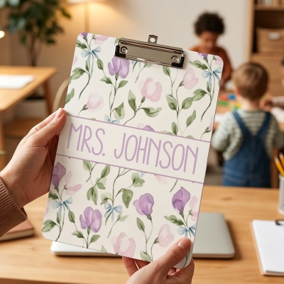 Personalized Teacher Name Retro Millennium Floral Clipboard, Watercolor Acrylic Document Holder, School Supply, Appreciation Gift for Teachers/Women