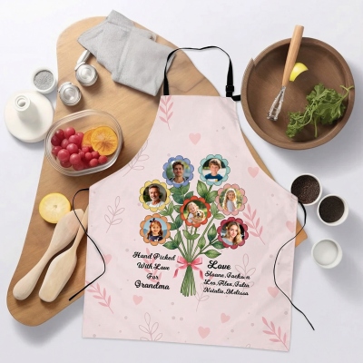 Custom 1-7 Family Bouquet Photos Adjustable Apron with Name and Pocket, Kitchen Use, Birthday/Christmas Gift for Mom/Cooking Lovers/Baking Enthusiast